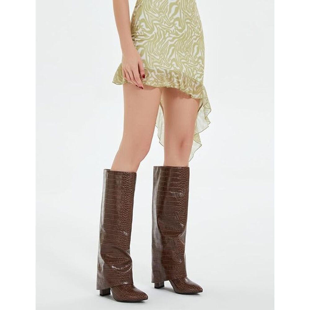Women's Crocodile Brown Pointed Toe Side Zipper Chunky Heels Knee High Boots - Picture 4 of 6